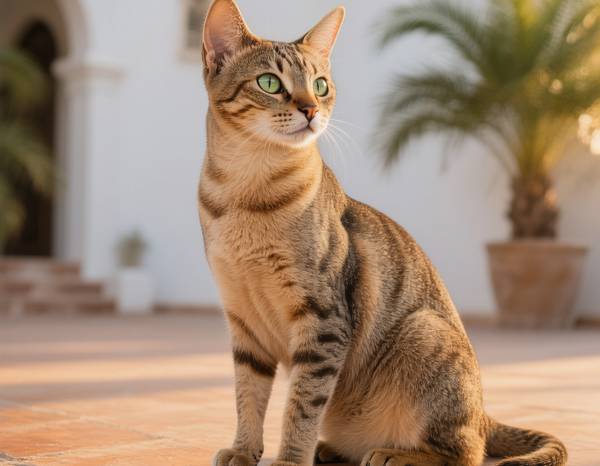 Un chat Arabian Mau au pelage court tigré ou tacheté, avec des yeux verts.