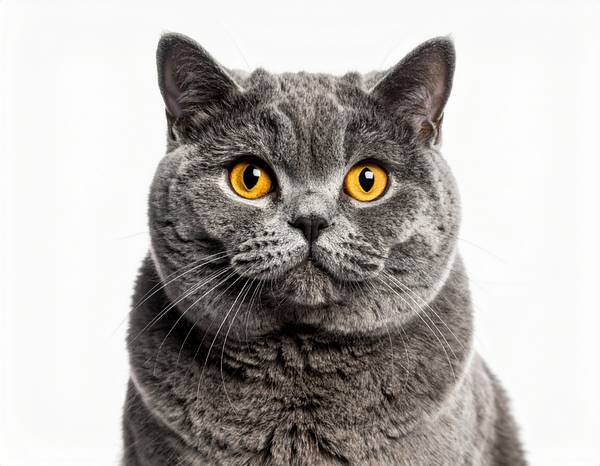 Un British Shorthair bleu aux grands yeux ronds.