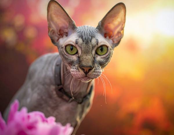 Un chat Cornish Rex au pelage bouclé distinctif et aux grandes oreilles.