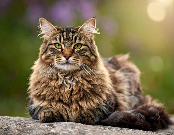 Gros plan sur la tête ronde d'un European Shorthair, avec des yeux verts et un pelage tacheté.