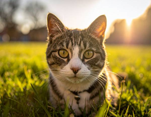 Un chat Manx sans queue, au corps robuste et aux pattes arrière plus longues.