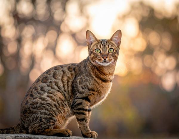 Un Mau Égyptien au pelage tacheté distinctif et aux yeux vert groseille.