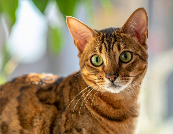 Un chat Ocicat au pelage tacheté rappelant les chats sauvages.