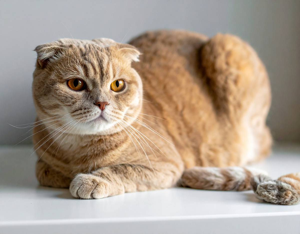 Un Scottish Fold aux oreilles repliées, l'air adorable.