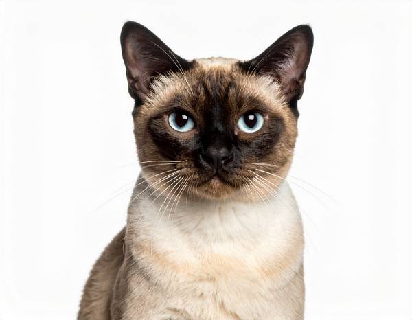 Un chat Siamois aux yeux bleus intenses et aux "points" foncés.