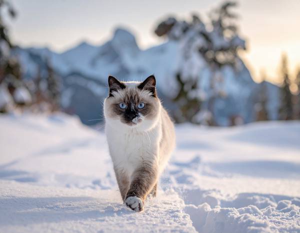Un chat Snowshoe aux marques sombres, aux pieds blancs et aux yeux bleus.