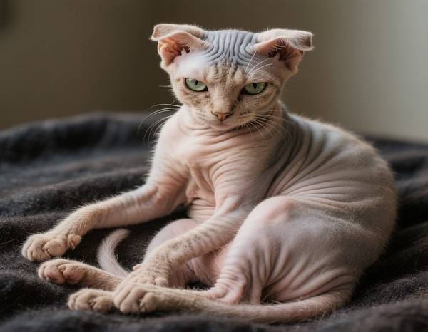 Un chat Levkoy Ukrainien nu ou avec un léger duvet, aux oreilles pliées.