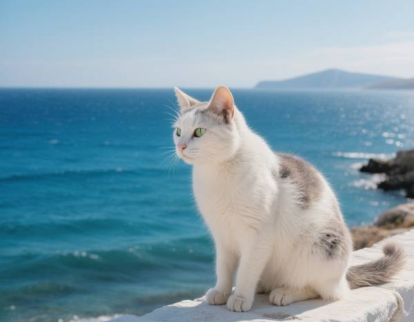 Close-up of an Aegean's head, showing its expressive eyes and bicolor coat.