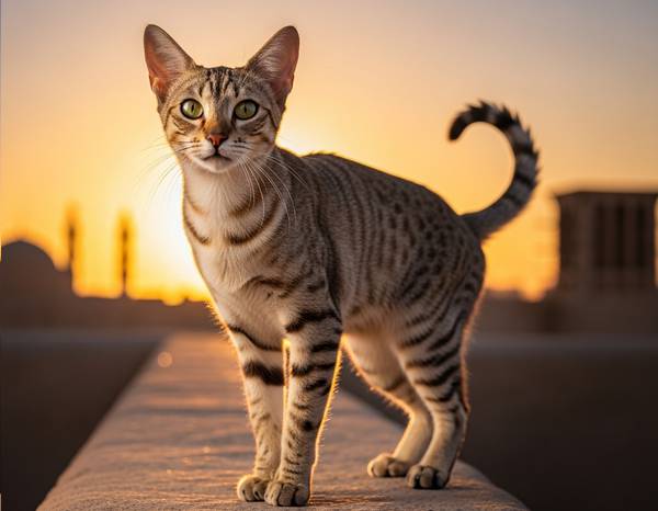 Close-up of an Arabian Mau's head, showing its large green eyes and short coat.
