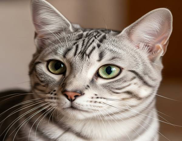 Close-up of an Australian Mist's head, showing its large green eyes and misty coat.