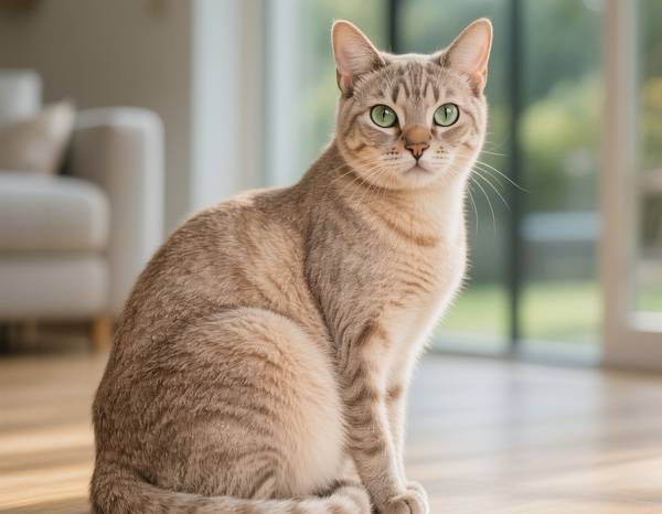 An Australian Mist cat with a short spotted or marbled coat, with green eyes.