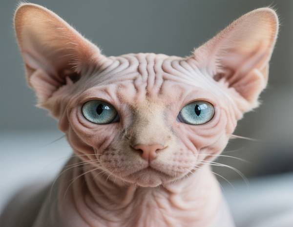 Close-up of a Bambino's head, showing its large round eyes and wrinkled skin.