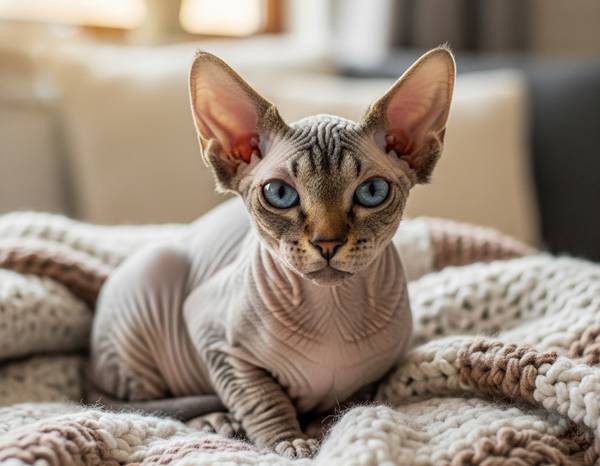 A hairless Bambino cat with short legs and large ears.