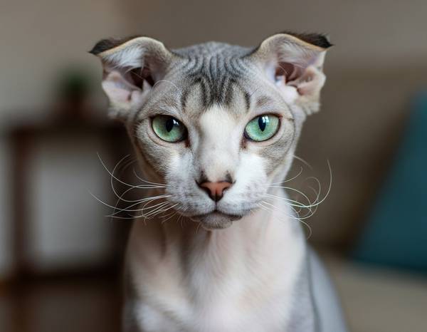 Close-up of a Ukrainian Levkoy's head, showing its folded ears and almond-shaped eyes.